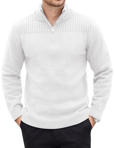 COOFANDY Herren Pullover mit Viertel Reißverschluss Langarm Stehkragen Winterpullover Freizeit Warm Pulli mit Rollkragen für Männer Weiß L von COOFANDY