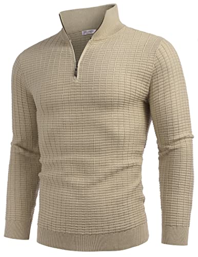 COOFANDY Herren Pullover mit Viertelreißverschluss, schmale Passform, leichte Baumwolle, gestrickt, lässig, Stehkragen, Khaki, XX-Large von COOFANDY