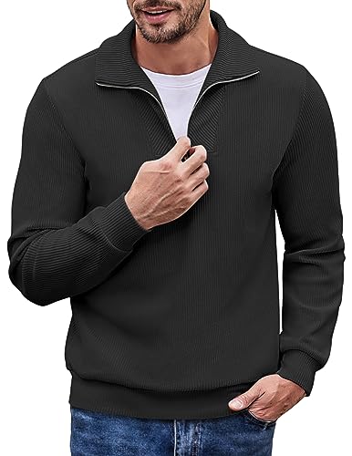 COOFANDY Herren Pullover mit Viertelreißverschluss Slim Fit Stehkragen Langarm Pullover Casual Cord Polo Sweatshirt, Schwarz, Klein von COOFANDY