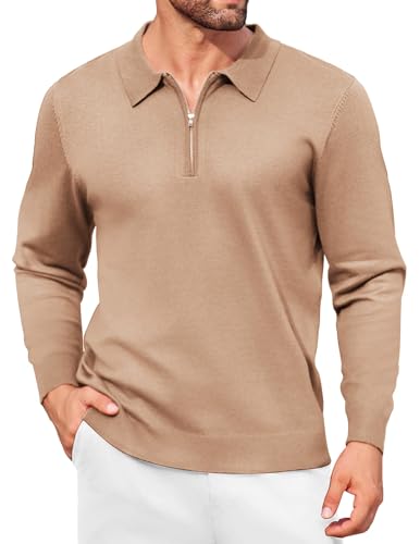 COOFANDY Herren Pullover mit Viertelreißverschluss Strick Leichte Polo Pullover Freizeit Business Pulli Khaki XXL von COOFANDY