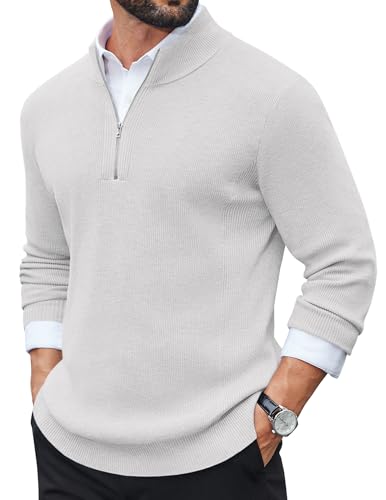 COOFANDY Herren Pullover mit Zip Rollkragenpullover Turtleneck Strickpullover Langarm Pulli Winterpullover Feinstrick Sweater Troyer Pullover Weiß L von COOFANDY