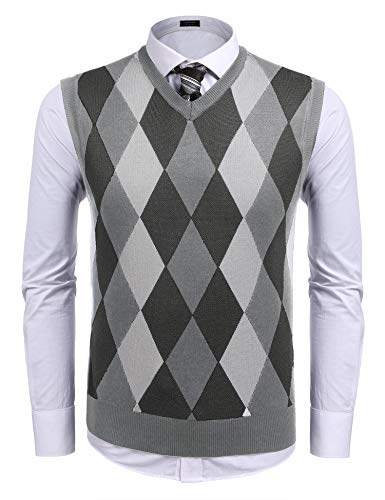 COOFANDY Herren Pullunder V-Ausschnitt Karierte Strickweste Feinstrick Pullover Weste für Männer Grau M von COOFANDY