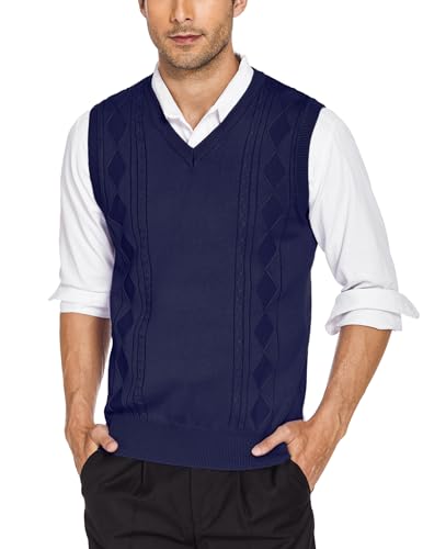 COOFANDY Herren Pullunder V-Ausschnitt Pullover Weste Ärmellose Pullover für Männer Regular Fit Business Strickweste Freizeit Pullunder für Winter Navy Blau M von COOFANDY