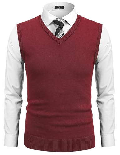 COOFANDY Herren Pullunder V Ausschnitt Slim Fit Freizeit Ärmellos Strick Pullover Strickwaren Weinrot S von COOFANDY