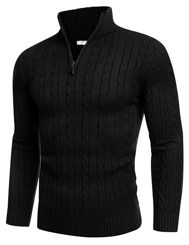 COOFANDY Herren Quarter Zip Sweater Slim Fit Casual Strickpullover Rollkragenpullover Mock Neck Polo Sweater, 01-schwarz (mit Metall-Reißverschluss), Groß von COOFANDY