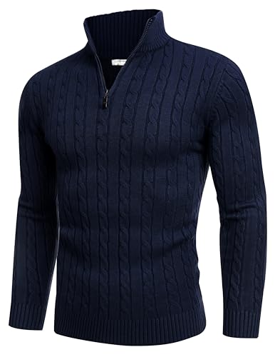 COOFANDY Herren Quarter Zip Sweater Slim Fit Casual Strickpullover Rollkragenpullover Mock Neck Polo Sweater, Marineblau (mit Metall-Reißverschluss), Groß von COOFANDY