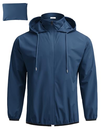 COOFANDY Herren-Regenjacke, verstaubar, leicht, wasserdicht, mit Kapuze, Outdoor, Laufen, Wandern, Radfahren, Marineblau, L von COOFANDY