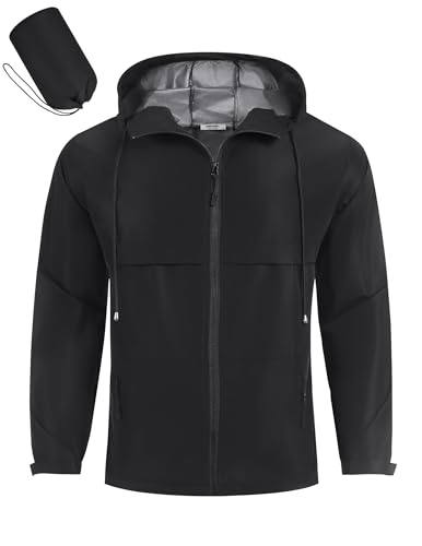 COOFANDY Herren-Regenjacke, verstaubar, leicht, wasserdicht, mit Kapuze, für Reisen, Wandern, Radfahren, Laufen, Schwarz, XXX-Large von COOFANDY