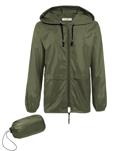 COOFANDY Herren Regenjacke Leicht Regen Jacke Wasserdicht Outdoorjacke Faltbare Regenmantel mit Kapuze Windbreaker Outdoor Armee Grün M von COOFANDY