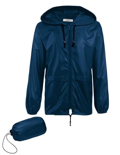 COOFANDY Herren Regenjacke Leicht Regen Jacke Wasserdicht Outdoorjacke Faltbare Regenmantel mit Kapuze Windbreaker Outdoor Navy Blau S von COOFANDY