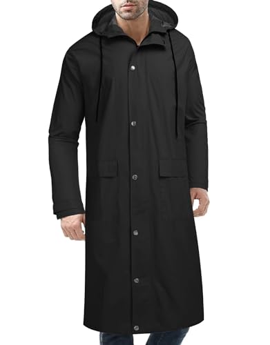 COOFANDY Herren Regenjacke mit Kapuze, wasserdicht, für draußen, leicht, lang - Schwarz - Groß von COOFANDY