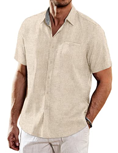COOFANDY Herren Regular Fit Kurzarm Solid Linen Baumwolle Hemd Casual Button Down Beach Shirt - khaki - L Regulär von COOFANDY