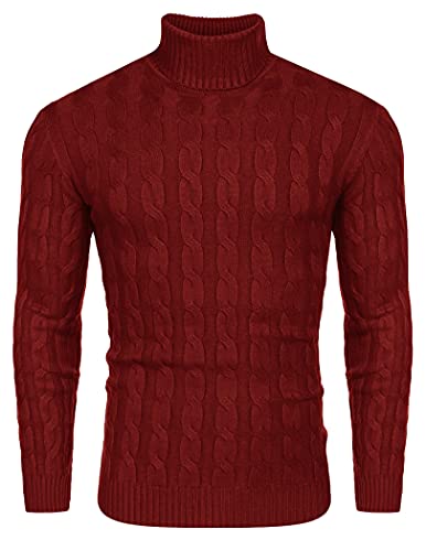 COOFANDY Herren Rollkragen Langarmshirt Zopf Pullover Stehkragen Feinstrick Sweater Slim fit Männer Pullover Basic Rollkragenshirt Weihnachten Weinrot S von COOFANDY