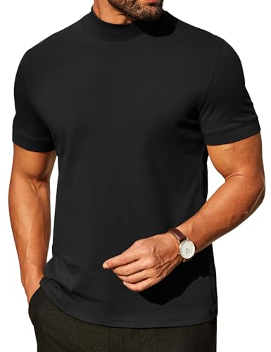 Coofandy Herren Rollkragen-Shirt, lässig, Premium-Baumwolle, kurzärmeliges Shirt 2025, Basic Halbrücken-T-Shirts, Schwarz, Klein von COOFANDY