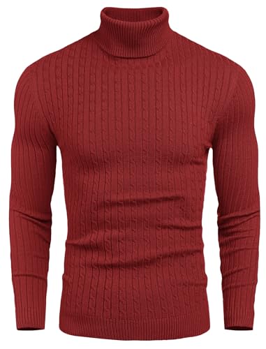COOFANDY Herren Rollkragen Strickpullover Langarm Basic Turtleneck Pullover Warme Knit Sweater Warm Rot S von COOFANDY