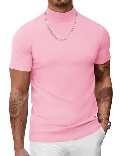 COOFANDY Herren Rollkragenpullover, kurzärmelig, einfarbig, schmale Passform, Strickpullover, Pink, XX-Large von COOFANDY