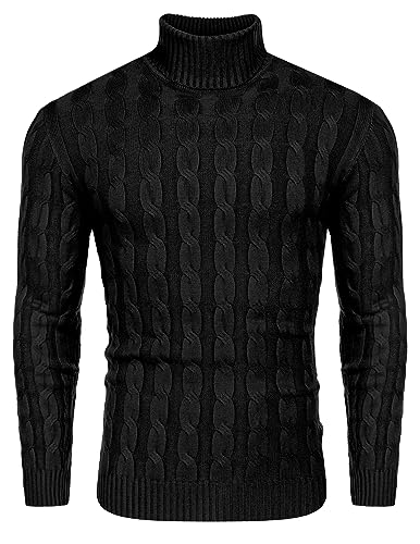 COOFANDY Herren Rollkragenshirt Männer Zopf Pullover Langarmshirts Slim Fit Strickpullover Feinstrick Sweater Basic Sweatshirt Schwarz XL von COOFANDY