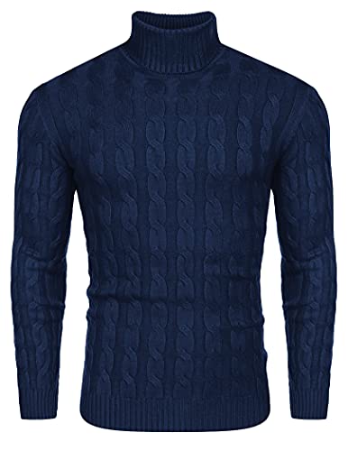 COOFANDY Herren Rollkragenpullover Feinstrick Langarmshirt Zopf Pullover Basic Strickpullover Slim fit Halbkragen Pullover Sweatshirt Warm Marine Blau XL von COOFANDY