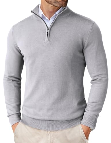 COOFANDY Herren Rollkragenpullover Stehkragen Pullover mit Reißverschluss Strickpullover Zipper Pullover Männer Pullover Modern Slim Fit Hellgrau XXL von COOFANDY