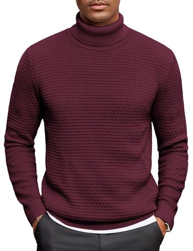 COOFANDY Herren Rollkragenpullover Winter Strickpullover Feinstrick Rollkragenshirt Pulli Sweater Rotwein L von COOFANDY