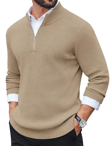 COOFANDY Herren Rollkragenpullover Zip Pullover Strickpullover Feinstrick Sweater Langarm Winterpullover Herren Warm Pulli Troyer Pullover Khaki M von COOFANDY