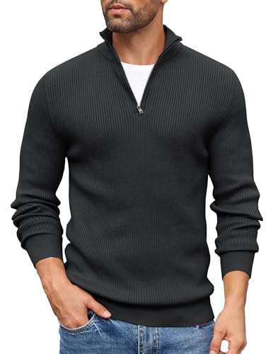 COOFANDY Herren Rollkragenpullover Zip Pullover Strickpullover Langarm Warm Winterpullover Rollkragenpulli Solid Arbeitspulli Thermo Pullover Männer Pullover Schwarz XXL von COOFANDY