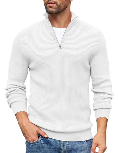 COOFANDY Herren Rollkragenpullover Zip Pullover Strickpullover Langarm Warm Winterpullover Rollkragenpulli Solid Arbeitspulli Thermo Pullover Männer Pullover Weiss L von COOFANDY