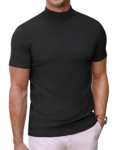 COOFANDY Herren-Rollkragenpullover mit kurzen Ärmeln, einfarbig, T-Shirts, Basic, schmale Passform, Strickpullover, Schwarz, Klein von COOFANDY