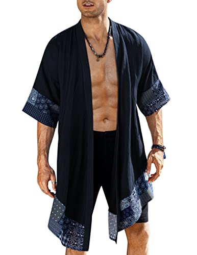 COOFANDY Herren Rüschen Schalkragen Baumwolle Cardigan Lange Kimono Jacken Open Front Drape Cape Mantel, Marineblau, XXX-Large von COOFANDY