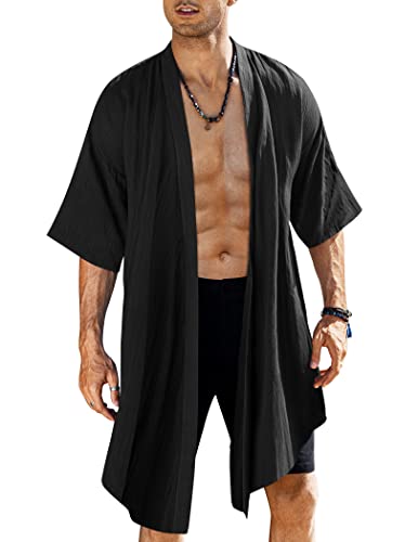 COOFANDY Herren Rüschen Schalkragen Baumwolle Cardigan Lange Kimono Jacken Open Front Drape Cape Mantel, Typeb-Schwarz, L von COOFANDY