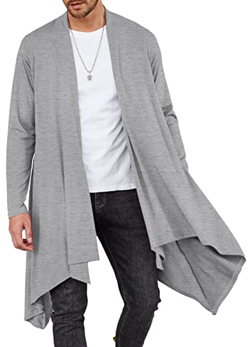 COOFANDY Herren Rüschen Schalkragen Cardigan Langarm Open Front Leicht Lange Länge Drape Cape Übermantel mit Taschen, Grau-Lang, Klein von COOFANDY