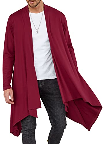 COOFANDY Herren Rüschen Schalkragen Cardigan Langarm Open Front Leicht Lange Länge Drape Cape Übermantel mit Taschen, Rot-lang, XL von COOFANDY