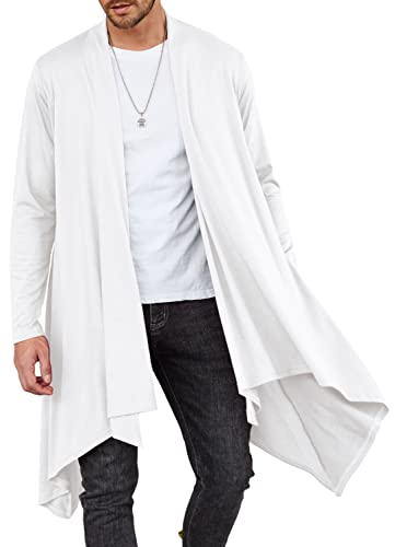 COOFANDY Herren Rüschen Schalkragen Cardigan Langarm Open Front Leicht Lange Länge Drape Cape Übermantel mit Taschen, Weiß-Lang, Mittel von COOFANDY