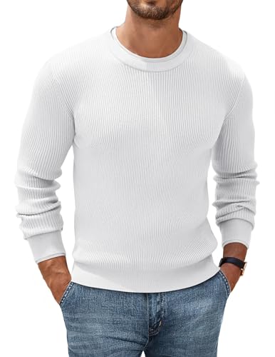 COOFANDY Herren Rundhals Pullover Ribbed Strickpullover Feinstrick Business Pullover Langarmshirt Einfarbig Sweater Pulli Weiß M von COOFANDY