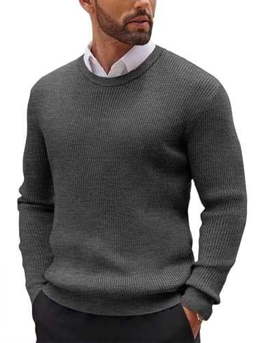 COOFANDY Herren Rundhals Pullover Ribbed Strickpullover Langarm Feinstrick Sweater Pullover Arbeitspullover Slim Fit Pulli Dunkelgrau S von COOFANDY