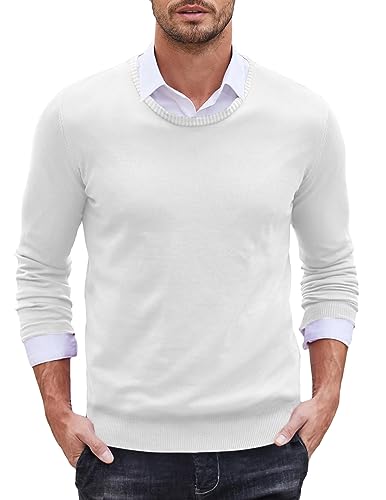 COOFANDY Herren Rundhals Strickpullover Baumwolle Crewneck Pullover Regular fit Basic Langarmshirt Feinstrick Sweater Männer Pullover Feinstrick Winterpullover Sweater Weiß 2XL von COOFANDY