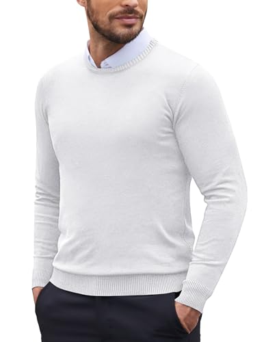 COOFANDY Herren Rundhals Strickpullover Baumwolle Crewneck Pullover Regular fit Basic Langarmshirt Feinstrick Sweater Männer Pullover Feinstrick Winterpullover Sweater Weiß 2XL von COOFANDY