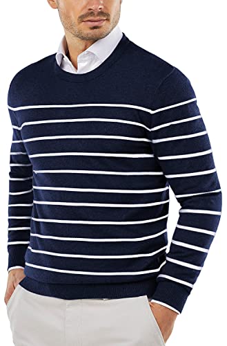 COOFANDY Herren Rundhals Sweater Slim Fit Leichte Sweatshirts Strickpullover für Freizeit oder Dressy, Marineblau/Weiß gestreift, Groß von COOFANDY