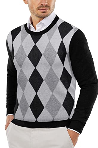 COOFANDY Herren Rundhals Sweater Slim Fit Leichte Sweatshirts Strickpullover für Freizeit oder Dressy, Schwarzes Argyle, X-Groß von COOFANDY