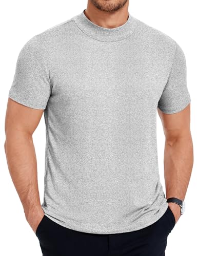 COOFANDY Herren Rundhals T-Shirt Kurzarm Sommer T–Shirt Slim Fit Einfarbig Unterhemd Stehkragenshirt Kurzarmshirt Halb Kragen Rollkragenshirt Hellgrau 3XL von COOFANDY