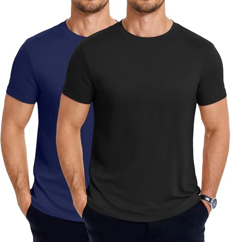 COOFANDY Herren Rundhals T-Shirt Sommer Einfarbig Basic T Shirt Kurzarm Regular Fit 2er Pack Schwarz/Navyblau L von COOFANDY