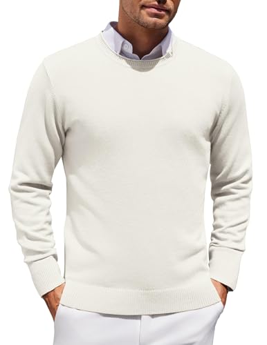 COOFANDY Pullover Herren Rundhals Strickpullover Langarm Winterpullover Männer Business Pulli Warm Winter Sweater Regular Fit Leichter Freizeit Weiß L von COOFANDY