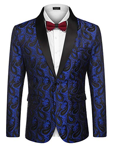 COOFANDY Herren Sakko Smoking Blazer Slim Fit Jacke Anzugjacke für Männer Luxus Anzug Modern Paisley Jackett Festlisch Hochzeit Vintage Party Blau XL von COOFANDY