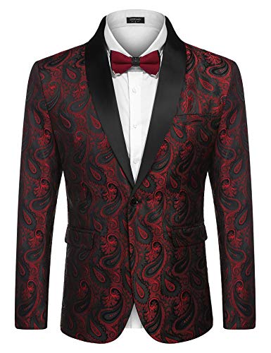 COOFANDY Herren Sakko Smoking Blazer Slim Fit Jacke Anzugjacke für Männer Luxus Anzug Modern Paisley Jackett Festlisch Hochzeit Vintage Party Weinrot L von COOFANDY