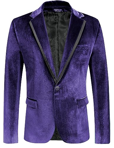 COOFANDY Herren-Samt-Blazer, schmale Passform, einfarbig, Ein-Knopf-Blazer, Jacke, Smoking, für Abschlussball, Hochzeit, Party, Abendessen, Dunkles Violett, L von COOFANDY