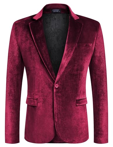 COOFANDY Herren-Samt-Blazer mit gekerbtem Revers aus Velours, Anzugjacke mit einem Knopf, Smokingjacken für Hochzeit, Abschlussball, Party, Abendessen, Dunkelrot, L von COOFANDY