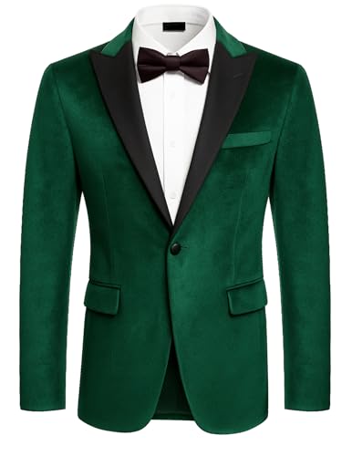 COOFANDY Herren-Samt-Blazer mit spitzem Revers, Smokingjacke, Einknopf, Velours, Anzugjacke für Hochzeit, Abschlussball, Party, Abendessen, Grün , L von COOFANDY