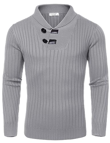 COOFANDY Herren Schalkragen Pullover Casual Relaxed Fit Knopf Strickpullover Sweater, hellgrau, XX-Large von COOFANDY