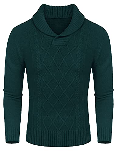 COOFANDY Herren Schalkragen Pullover V-Ausschnitt Relaxed Fit Kabel Pullover, Dunkelgrün, XL von COOFANDY