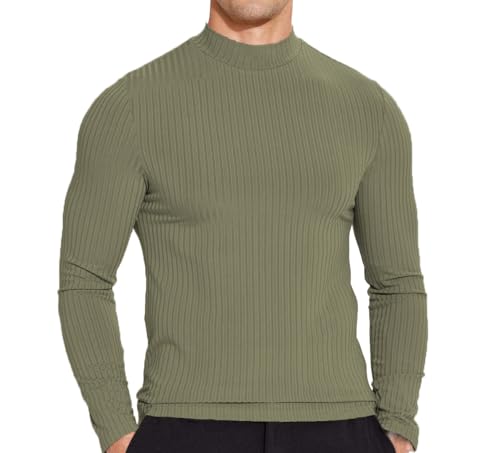 COOFANDY Herren Shirt Langarmshirt Unterhemd Halbes Rollkragenshirt Oberteil Stehkragen Shirt Slim Fit Texture Shirts Solid Thermoshirt Sweatshirts Armeegrün 3XL von COOFANDY
